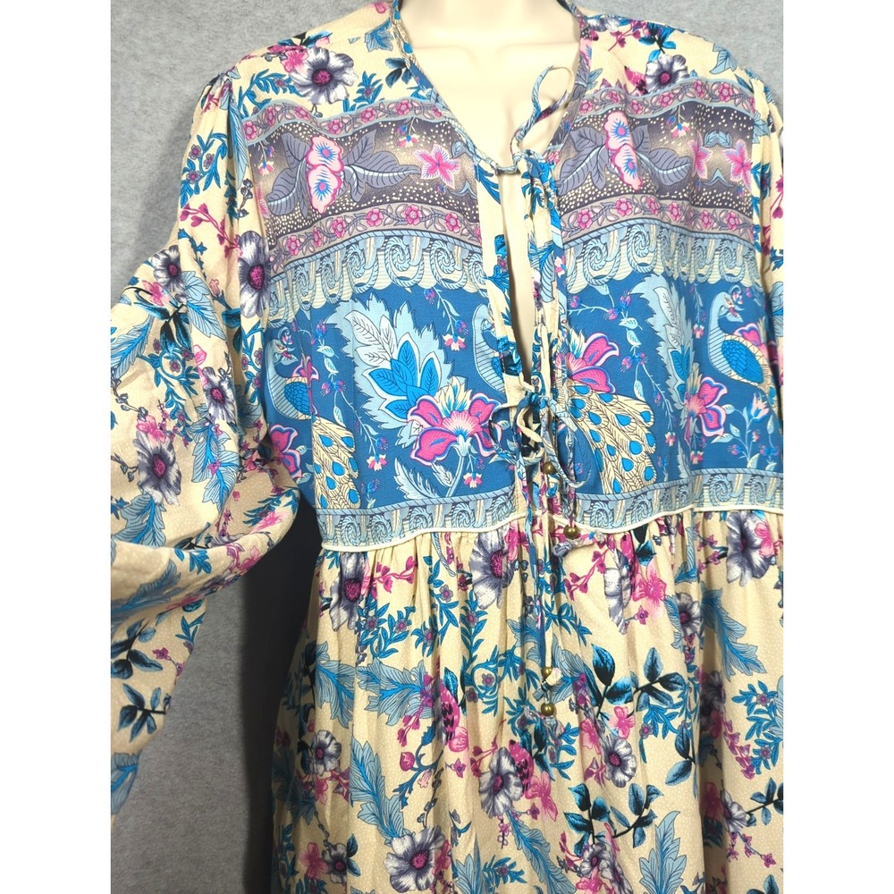 R VIVIMOS Boho Tassel Midi Dress Plus 2XL Blue Pink Floral Peasant Cottage Core